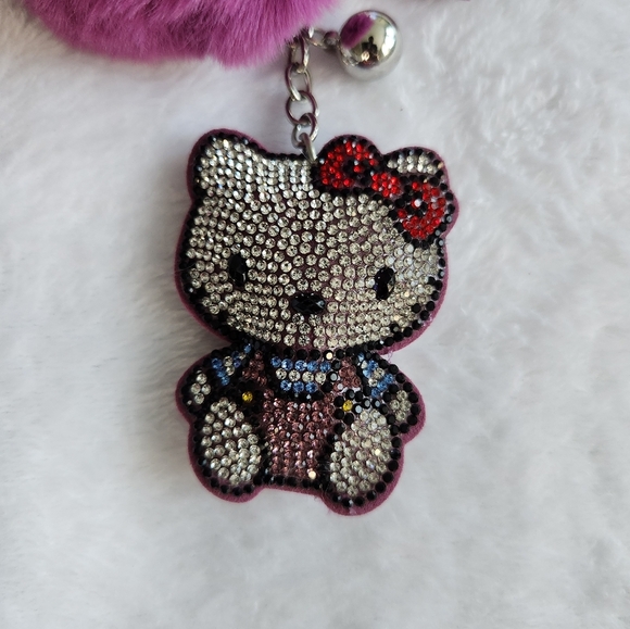 Purple Pom Pom Keychain with Rhinestone Hello Kitty Charm - Picture 3 of 5